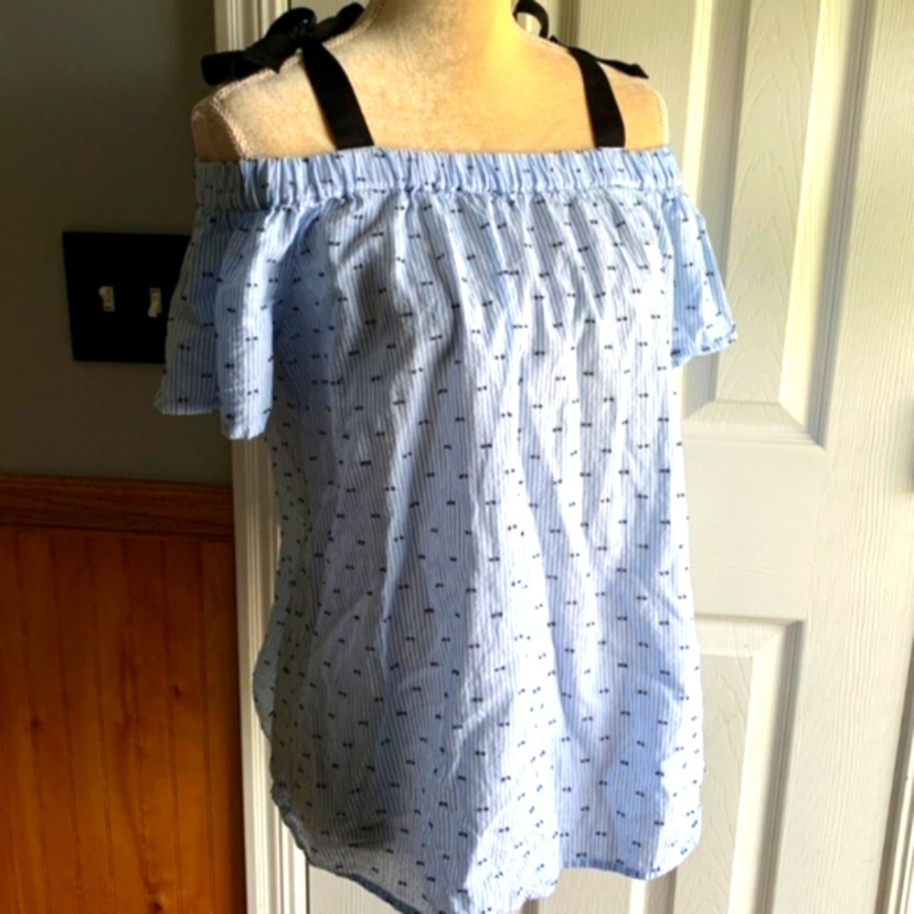 Motherhood Maternity Light Blue Off-Shoulder Blouse with Black Straps